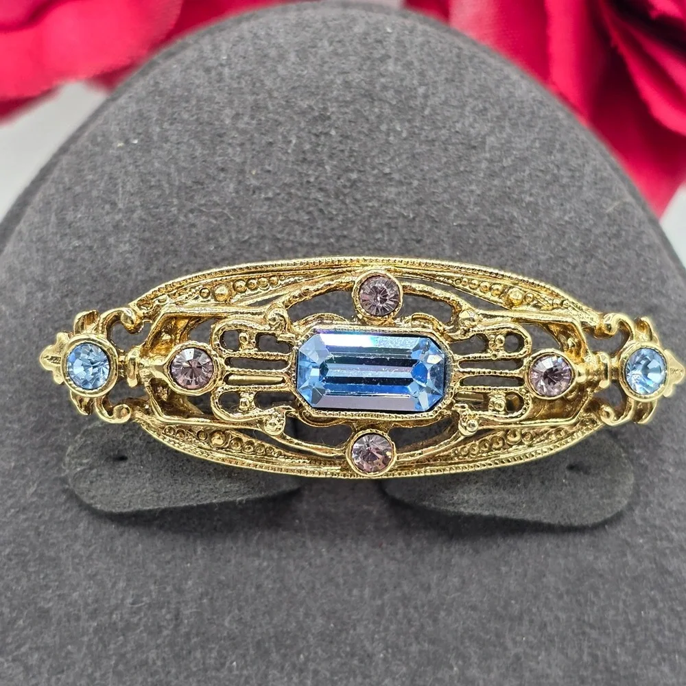 Vintage Gold Tone Filigree Bar Brooch Blue Emerald Cut Crystal Pink Rhinestone